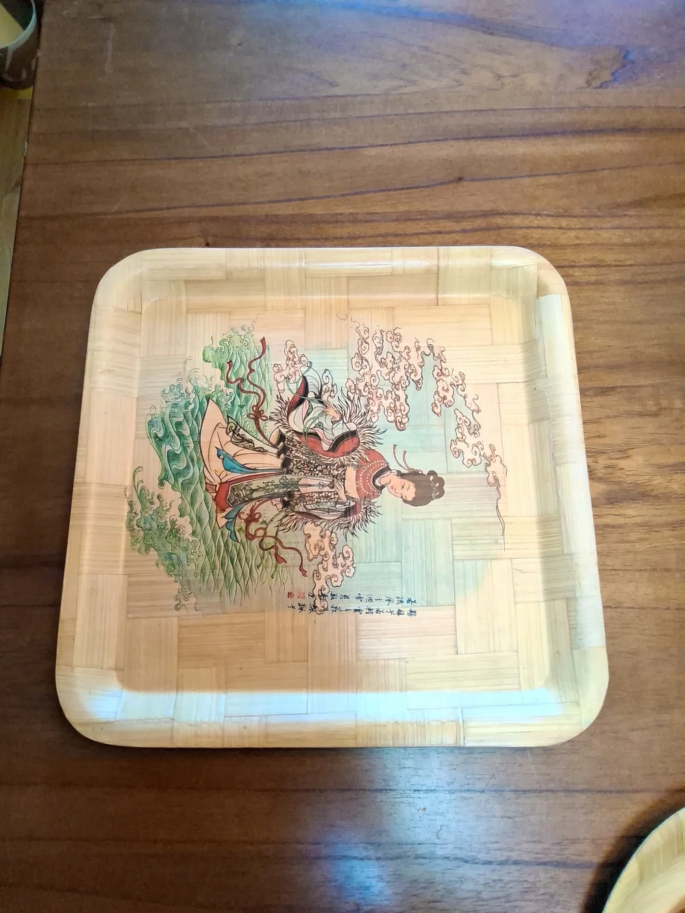 1960's Painted Bamboo Plates, Set of 3. 1 Large Square + 2 Round. Wall Decor